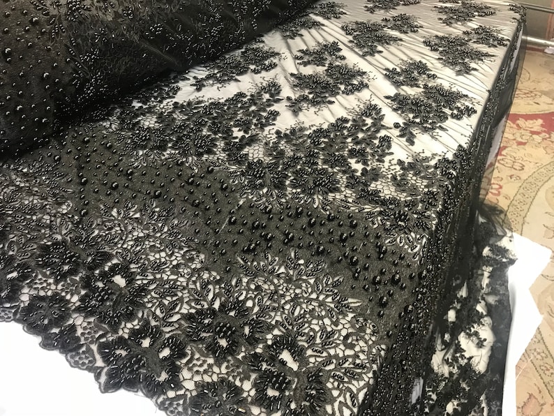 jackets applications Black Design Beaded Mesh Lace Fabric Bridal Wedding Sold By Yard clothing runners dresses,skirts table covers
