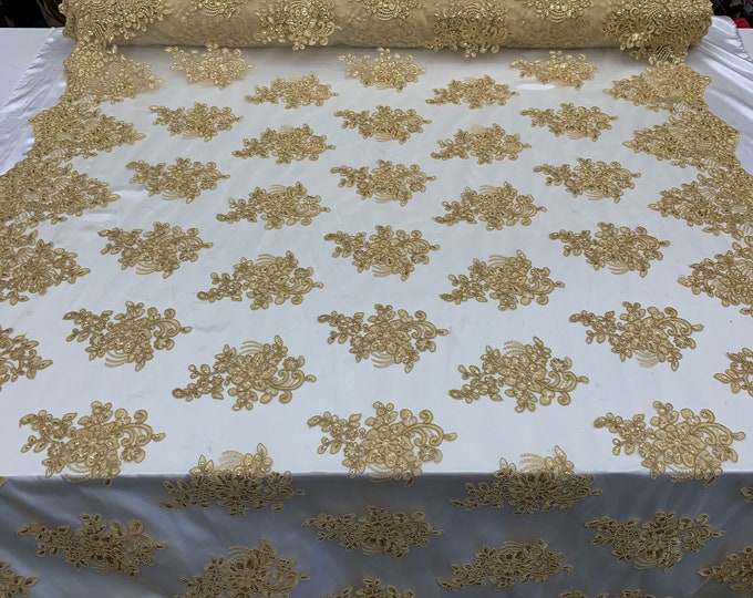 Embroidered Mesh lace Floral Design (Gold Color) Fabric With Sequins By The Yard. For Tablecloths/Runners/Skirts/Costume/Dresses/ Decoration