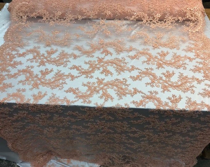 Peach_ Mesh Lace Floral Fabric By The Yard_ Embroidery Handmade Floral Lace_ Decor, Night Gowns, Tablecloths, Runners, Skirts, Costumes