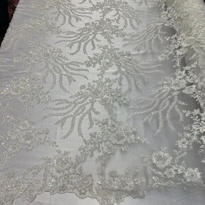 Beaded Mesh Lace Fabric By The Yard Embroidery Bridal Lace Handmade Floral Design With Big Luxury Flowers Sequins (Ivory)