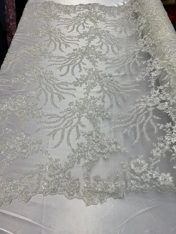 IVORY GOLD METALLIC EMBROIDERY MULTI SEQUINS BEIDAL LACE FABRIC 48/" WiIDE 1 YARD