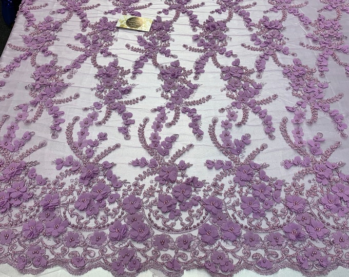 3D Flowers Hand Beaded (Lavender) Embroidered Fabric Mesh Lace By The Yard Floral Wedding Prom Dress/ Tablecloths/ Night Gowns/ Customs.