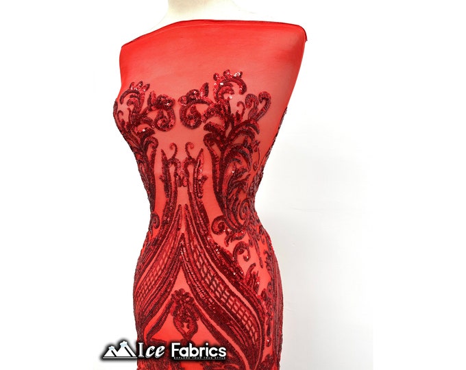 Red Damask Sequin Fabric By The Yard | Red Mesh 4 Way Stretch Sequin Fabric | 60” Wide | Embroidered Lace Fabric | EGP