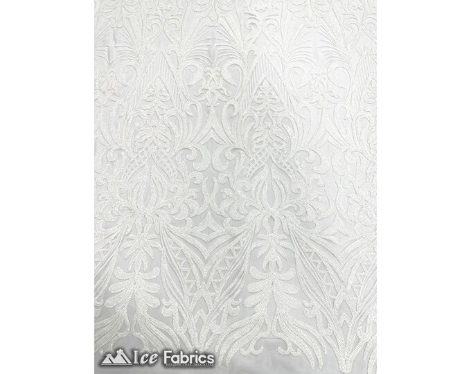 New Embroidery White Sequin Fabric By The Yard | 4 Way Stretch Mesh Fabric Spandex Geometric Fabric | for Prom Dress