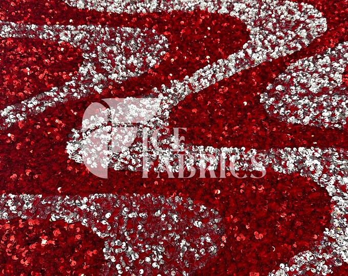 Wavy Sequin Stretch Velvet Fabric by The Yard - 60" Wide Red Silver on Red Velvet for Apparel, Costume, Decor