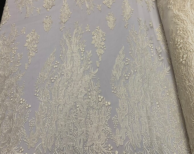FIRE design_ Ivory // Floral Handmade Mesh Lace Fabric By The Yard, Flowers Fabric Lace Mesh// Veil Bridal Gowns, Fashion Dress, Costume