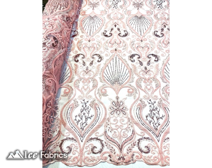 Luxurious Dusty Rose Embroidered Beaded Fabric By The Yard | Handmade beads Lace on Mesh Fabric | Damask Beaded