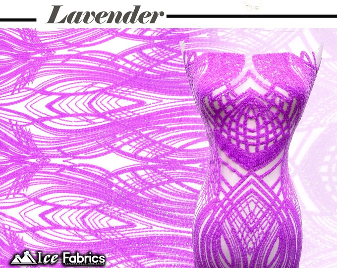 Peacock Lavender 4 Way Stretch Sequins Fabric  By The Yard  Lavender Mesh nylon Spandex Fabric | With Embroidery Sequin Lace