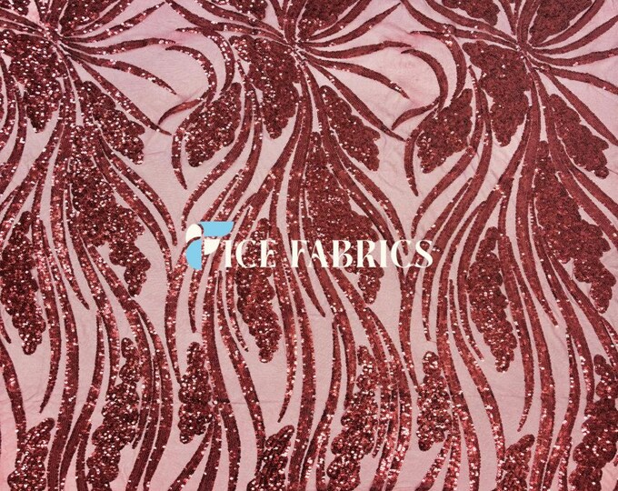 Elegant Feather Wine Red Sequin Fabric By The Yard Stretch Mesh Spandex Fabric Sequin Mesh Fabric Wedding Dress, Prom Dress