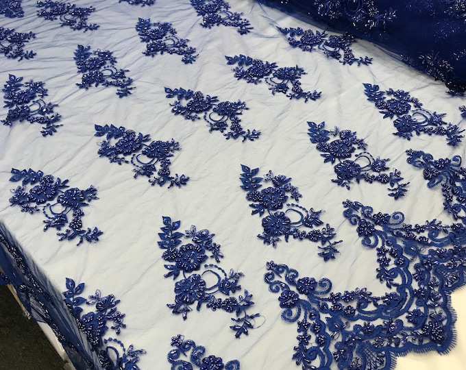 Royal blue Beaded Bridal Mesh Lace with Sequins fabric, women fashion wedding dress by the yard prom dresses runners tablecloths night gowns