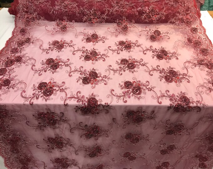 Burgundy Embroidered mesh lace Flower Design with sequins by the yard. Floral wedding prom dress, tablecloths,runners, skirts,customs, decor