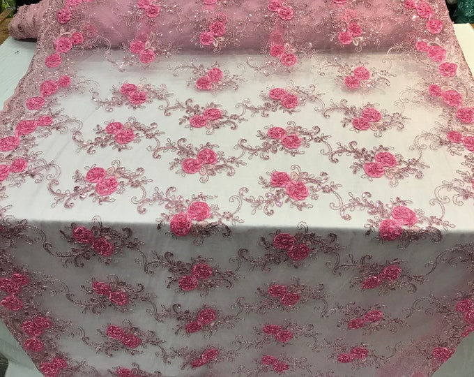 Pink Embroidered mesh lace Flower Design with sequins by the yard. Floral wedding prom dress, tablecloths, runners, skirts,customs, decor
