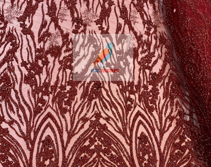 BURGUNDY_ MINI Flowers/Floral Beaded Fabric By The Yard//Embroidered Mesh Lace with Beads_ For Wedding Dresses, Prom Dress, Bridal Gowns