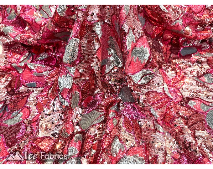 Hot Pink Floral Sequin Fabric By The Yard | On 4 way Spandex Mesh Fabric Embroidery Lace Fabric | Sequin Flowers