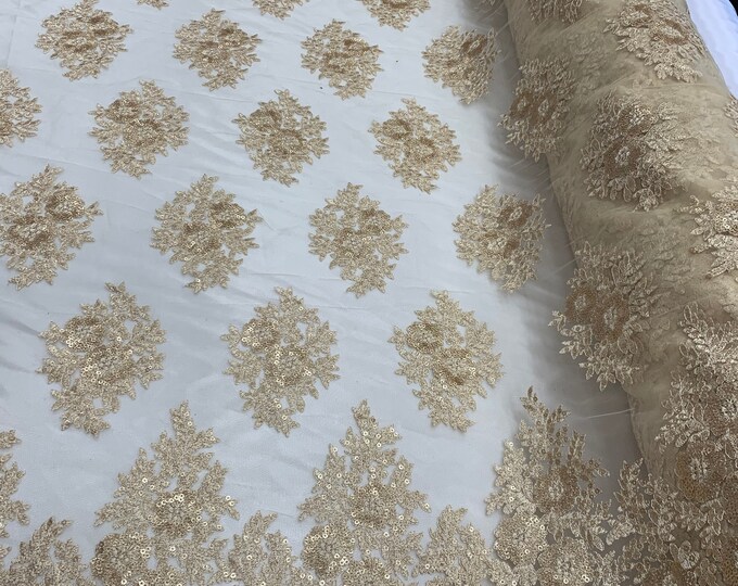 Champagne_ Floral Lace Fabric By Yard_ Embroidered Corded Metallic Flowers Mesh Lace Fabric With Sequins_ Dresses, Gowns,Tablecloths,Costume