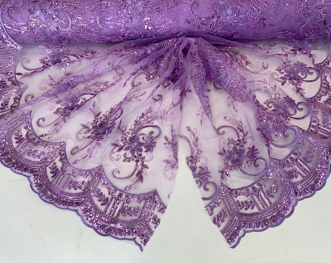 Lavender_ Metallic Flowers Sequins On A Mesh Lace Fabric// Lace By The Yard//Floral Embroider Lace Tablecloths,Costumes,Decorations,Runners