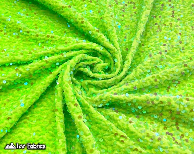 Emma 2 Way Stretch Velvet Sequin Fabric By The Yard | Embroidery Sequin On Spandex Velvet | Neon Lime Green | 60” Wide