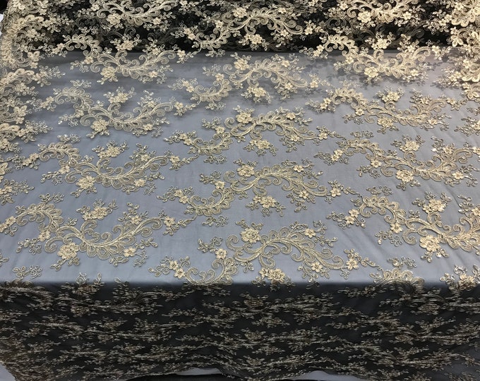 Black/Gold Design Mesh Lace Fabric By The Yard/ Embroidery Mesh Lace Floral Design/For Tablecloths/ Skirts/ Runners/ Skirts/ Decorations/