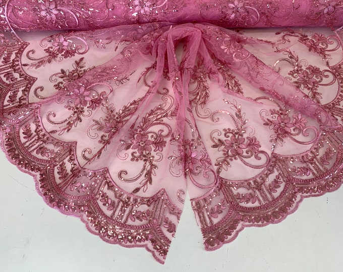 Pink_ Metallic Flowers Sequins On A Mesh Lace Fabric// Lace By The Yard//Floral Embroider Lace For Tablecloths,Costumes,Decorations,Runners