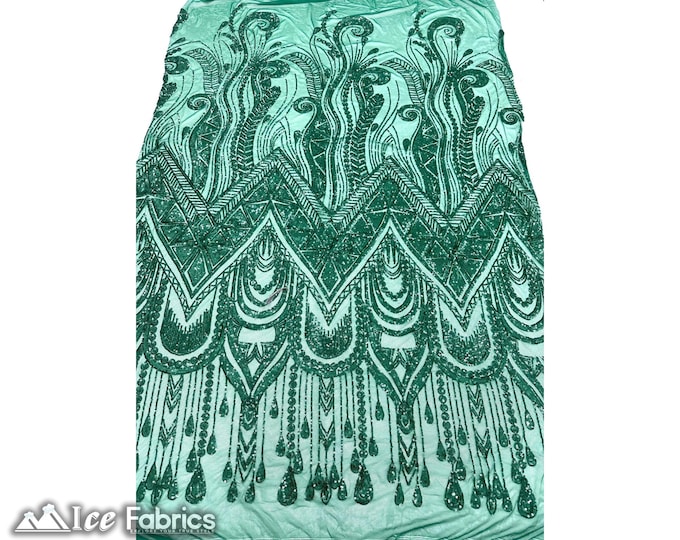 African Hunter Green 4 Way Stretch Sequin Fabric By The Yard | Mesh Sequin Fabric | Embroidered Lace Fabric