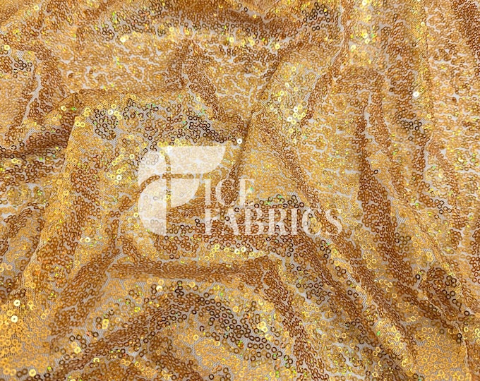 Gold Iridescent All-Over Mesh Sequins Fabric by The Yard - 48" Wide Shiny 3mm Mini Sequin Fabric on Mesh for Apparel and Decor - Ice Fabrics