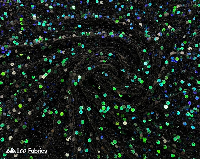 Emma 2 Way Stretch Velvet Sequin Fabric By The Yard | Embroidery Sequin On Spandex Velvet | Emerald Green on Black Velvet | 60” Wide