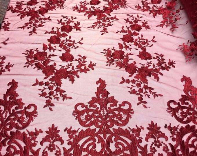 Burgundy Floral Flower Mesh Lace Embroidery Design Fabric By The Yard For Tablecloths, Wedding Prom Dresses, Night gowns, Skirts, Runners