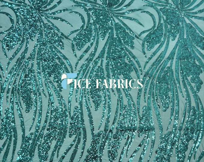 Elegant Feather Teal Green Sequin Fabric By The Yard Stretch Mesh Spandex Fabric Sequin Mesh Fabric Wedding Dress, Prom Dress