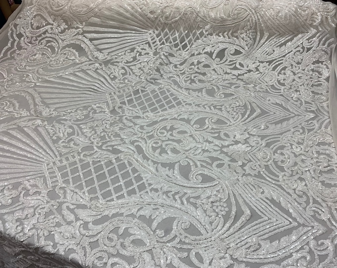 White_ Geometric 4 Way Stretch Sequins Mesh Lace Fabric Sold By The Yard. Spandex Mesh Fabric For Prom Dress, Wedding Dress, Night Gowns