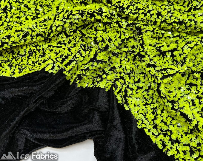 Luxury Stretch Velvet Sequin Fabric Neon Yellow on Black By The Yard | Full All Over Sequin ( 5mm) on stretch Velvet Fabric