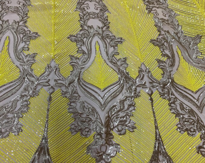 Yellow Spandex Fabric- 4 Way Stretch Sequin Fabric By The Yard- Embroidered Fabric- Lace Sequin FABRIC On Nude Mesh Fabric