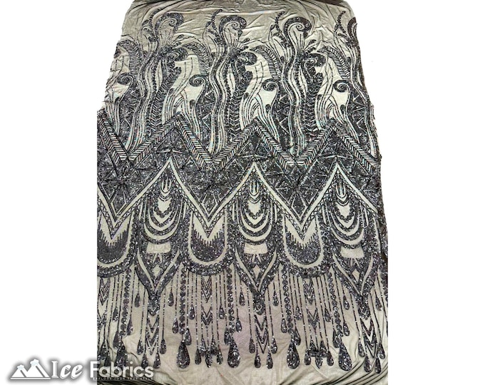 African Black 4 Way Stretch Sequin Fabric By The Yard | Mesh Sequin Fabric | Embroidered Lace Fabric