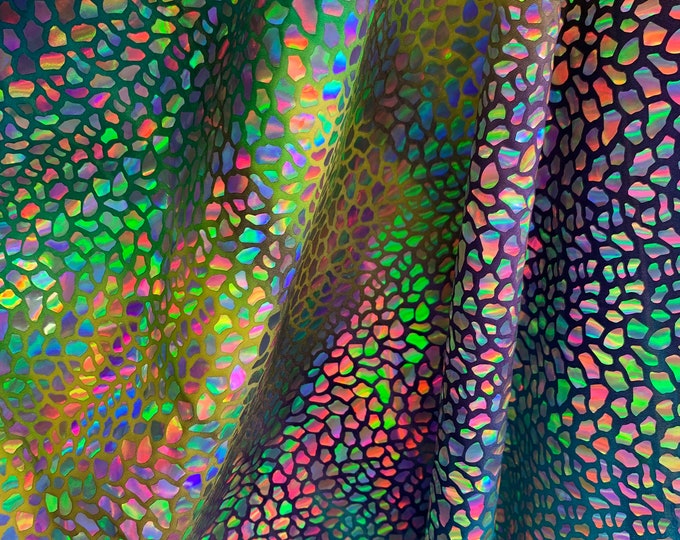 Rainbow Iridescent Stone - 4 Way Stretch Nylon Poly Spandex Fabric By the Yard- Shiny Hologram Multi-color (Neon Yellow, Pink)