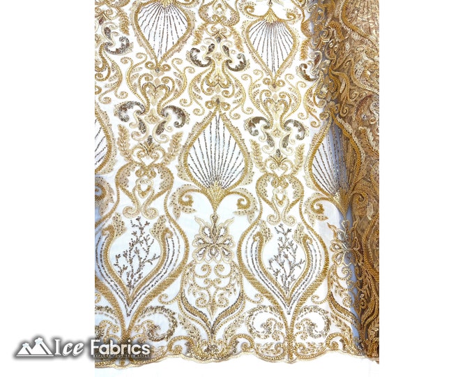 Luxurious Gold Embroidered Beaded Fabric By The Yard | Handmade beads Lace on Mesh Fabric | Damask Beaded