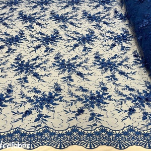 Fashion 3D Flowers Floral Lace Fabric By The Yard | Royal Blue Embroidery Beaded Fabric with Sequin on Mesh