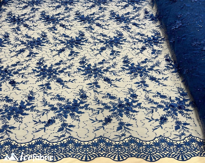 Fashion 3D Flowers Floral Lace Fabric By The Yard | Royal Blue Embroidery Beaded Fabric with Sequin on Mesh