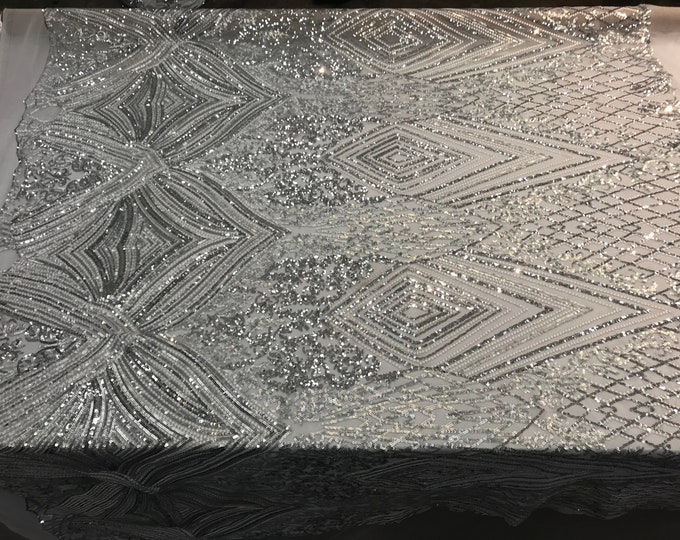 Full Sequins Geometric 4 way Stretch Fabric on mesh lace by the yard (Silver) used for Fashion ,wedding prom dress,tablecloths,decoration