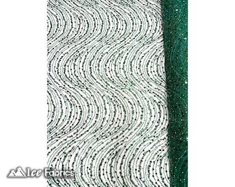 Hunter Green Wavy Embroidered Beaded Sequin Fabric By The Yard | Lace Beaded Fabric On Mesh Fabric | Fashion Fabric | Dress Wedding