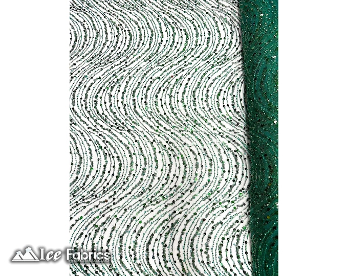 Hunter Green Wavy Embroidered Beaded Sequin Fabric By The Yard | Lace Beaded Fabric On Mesh Fabric | Fashion Fabric | Dress Wedding