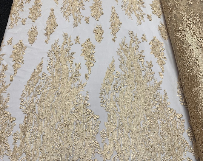 FIRE design_ Gold // Floral Handmade Mesh Lace Fabric By The Yard, Flowers Fabric Lace Mesh// Veil Bridal Gowns, Fashion Dress, Costume