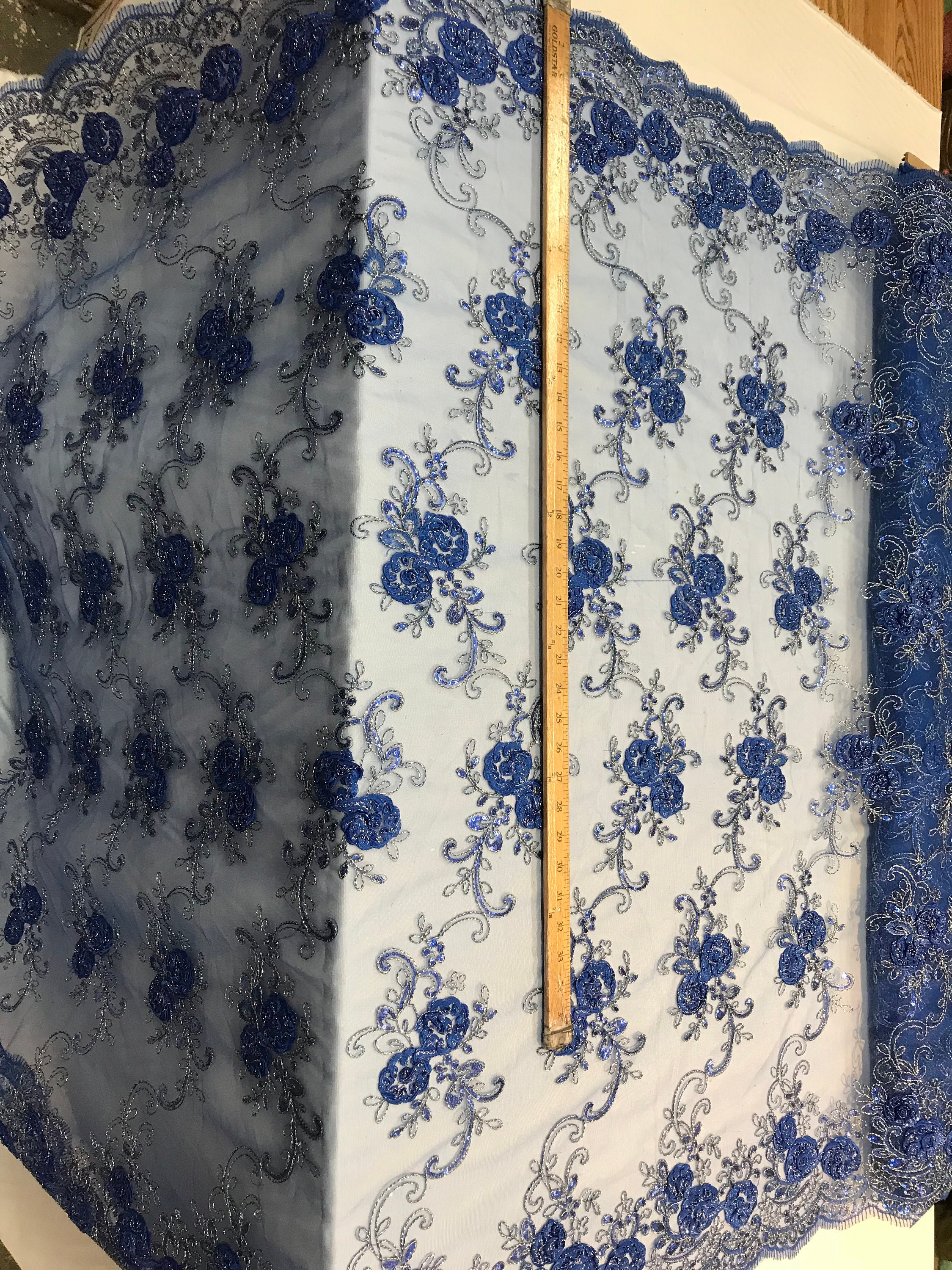 Royal Blue Embroidered Mesh Lace Flower Design With Sequins by | Etsy