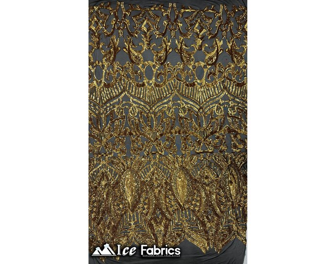 Luxury Sequin Fabric By The Yard | Gold on Black Power mesh | 4 Way Stretch Lace Fabric | Prom Dress (B I G)