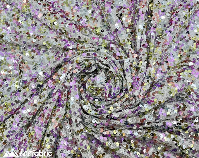 Luxury 3 Tone 4 Way Stretch Sequin Fabric By Yard | All Over Iridescent Lavender Green Mini Sequin Embroidery on White Mesh Lace Spandex