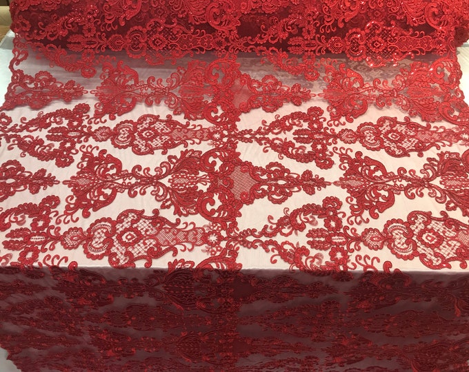 Burgundy Design Embroidered Mesh Lace Fabric By the Yard For Wedding/Prom Dresses/ Decorations/ Tablecloths/ Runners /Skirts/ Night Gowns
