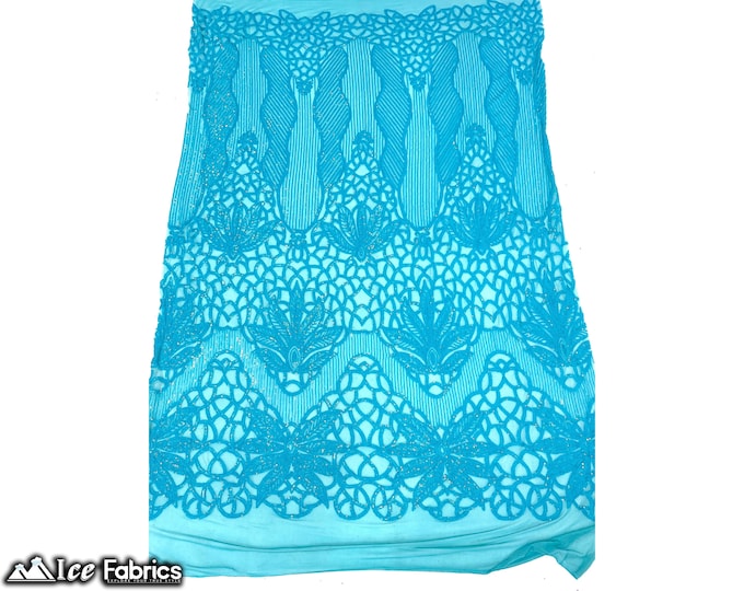 Neon Turquoise 4 Way Stretch Sequin fabric by the yard | Embroidery Lace Fabric On Mesh Spandex Sequin Fabric