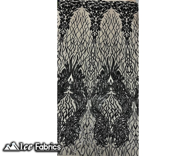 Tree Design Sequin Fabric By The Yard | Black on Nude Mesh 4 way Stretch Spandex Fabric | Embroidery Lace on Mesh