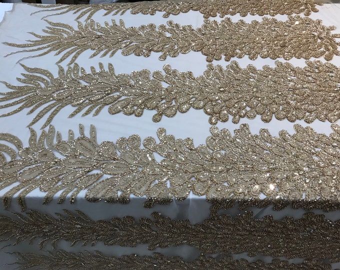 Gold _ Feathers Peacock 3D Beaded Embroidery Mesh Lace Fabric (Sold By One Panel) Prom Dress, Wedding Dress, Night Gowns.