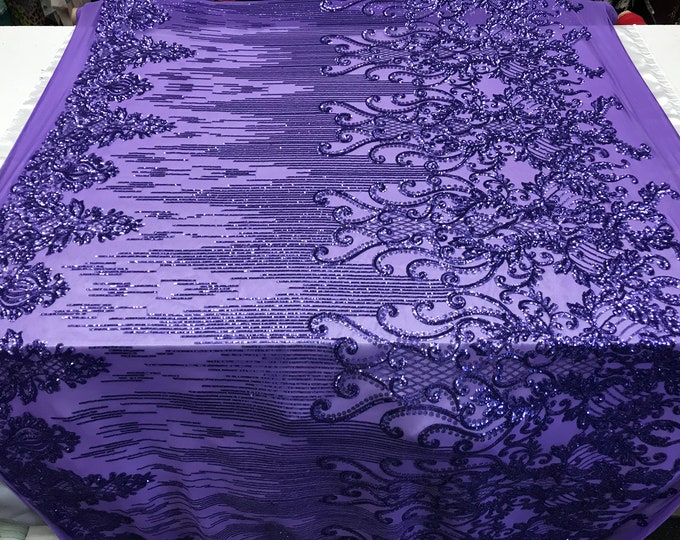 Purple Luxury Sequins High Quality 4 Way Stretch Sequins Embroidery Fabric on A Mesh Lace By The Yard. Wedding Prom Dress, Tablecloths.