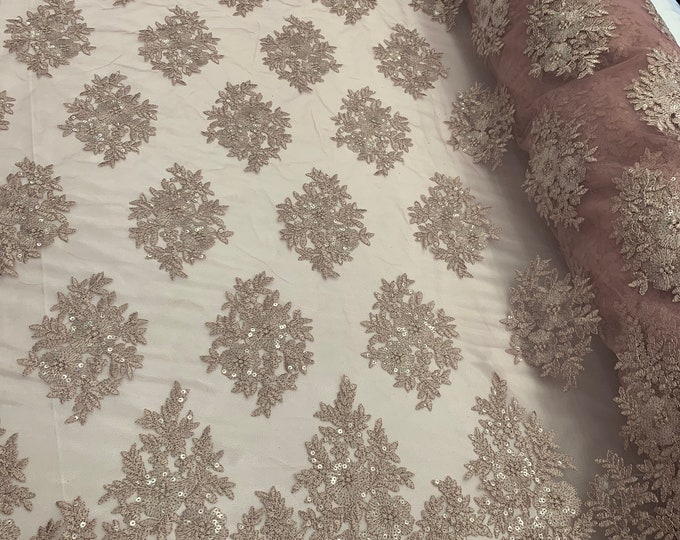Blush_ Floral Lace Fabric By Yard_ Embroidered Corded Metallic Flowers On A Mesh Lace Fabric With Sequins_ Dresses,Gowns,Tablecloths,Costume