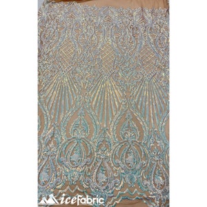 Diba Sequin Fabric By The Yard (Iridescent ICE Blue) 4 Way Stretch Sequin Fabric _ Geometric Pattern Lace on Mesh _ Prom Dress and much more